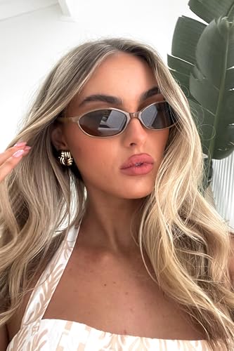 Image of GUVIVI Retro Oval Sunglasses for Women Chic Cat Eye 90s Sunnies Lightweight Narrow Shades Trendy UV protection Sun Glasses