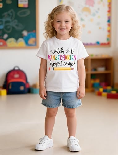 Qkdemfa First Day of School Shirt Girls Boys Watch Out Kindergarten Here I Come Tshirt Kids Back to School Shirt Toddler Tees White