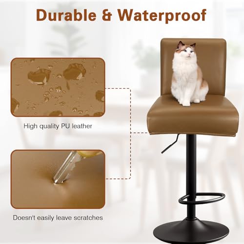Image of PU Leather Bar Stool Covers with Backs, 2 Pack Stretch Waterproof Bar Stool Chair Covers Washable & Comfortable Barstool Covers Slipcovers with Back for Pub /Counter /Dining Room (Light Coffee)