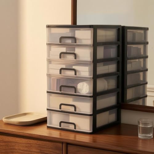 Image of Desktop Drawer Organizer Translucent Fronts Office Supply Drawer Organizer Built-in Handles Workspace Storage for Home Desk Large 3-Tier Black