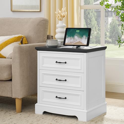 Alohappy Farmhouse Nightstand Set of 2, Wood Night Stand with 3 Drawers and Charging Station Modern Bedside Table for Bedroom End Side Table Storage Cabinet Small 6 Drawers Dresser (2)