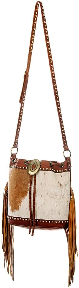American Darling Bucket Bag Hair-On Cowhide Genuine Leather Fringes Riveted Drawstring Western Purse 11in X 13in X 5in