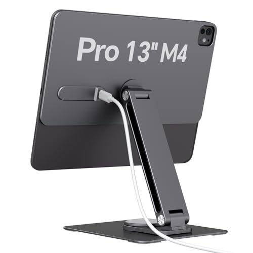 GEWOKLIY Magnetic iPad Pro M4 13-inch Stand with Wireless Charging 18W, 360° Rotating Aluminum Tablet Holder for iPad Pro M4 13-inch, Adjustable Desk Mount Series (M4-13inch)