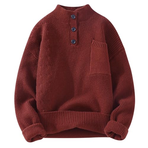 Cambkatl Button Up Turtleneck Sweater for Men Casual Solid Pullover Loose Long Sleeve Cozy Winter Knitted Jumper Tops