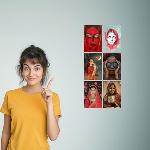 Image of SiddArtify Red and Teal Indian Women Art Print Set - Set of 2-4x6 Inch - Board (Pack of 6) - Sticker (Pack of 6) Wall Room Decoration art Poster Prints