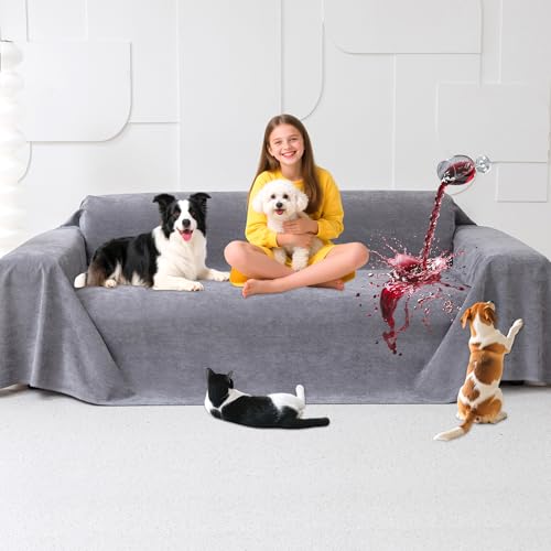 Loiion Cubre Sofas Grandes Antideslizante, 100% Fundas Impermeables Sofa, Cubre Sofa Chaise Longue para Perros, Fundas Antipelos para Gatos Arañazo y Perros Mascotas, Gris, 380x180cm