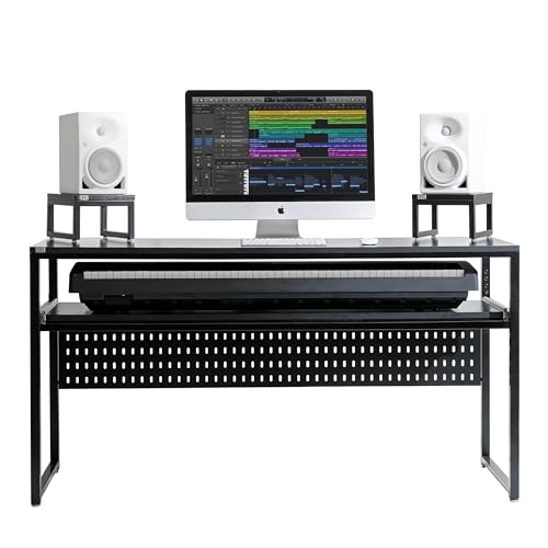 LYYL Music Studio Desk with Keyboard Tray, for Full 88 Keys and 61 Keys (Music Producer Desk) (88 Keys, Black)(Cable Tray & Speaker Stands Sold Separately)