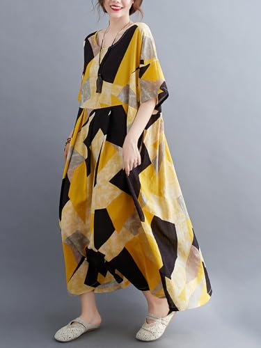 Image of Women Plus Size Color Block Dress Geometric Block Print Round Neck Side Pockets Casual Loose Dresses