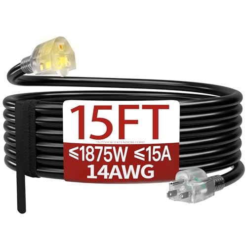 Image of 15 FT 14 /3 Extension Cord Outdoor, Heavy Duty Weatherproof & Flame Retardant Black 3 Prong Power Cord with Light, Outside for Lawn & Garden, 15 Amps 1875 Watts 125 VAC 14AWG SJTW, ETL Listed