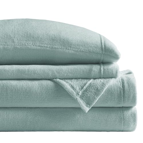 Image of True North by Sleep Philosophy Plush Sheet Set Twin, Solid Color, Warm & Soft Bedding Twin Size Sheets, Fitted Pocket Fits Up to 16 inch Mattress, Soloft, Aqua, 3 Piece
