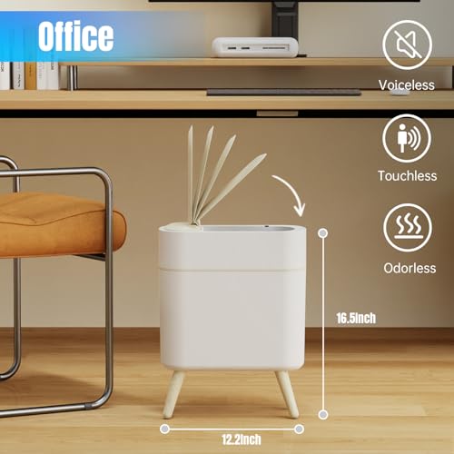 Image of Yatmung 2 Pack - Motion Sensor Trash Can with Lid - Slim Smart Garbage Can | Waste Basket for Bedroom, Office, Kitchen, Living Room - Automatic Trash Can Bathroom Touchless - White with Wooden Legs