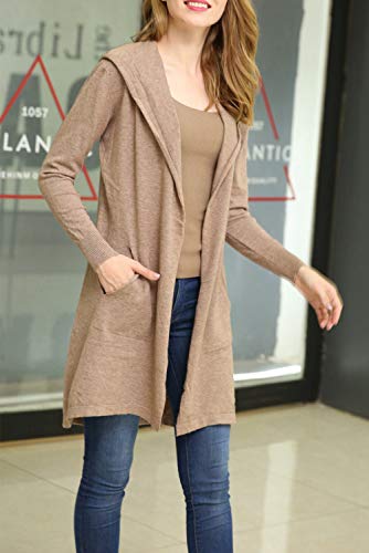 Cardigã feminino com capuz B BIMOZI com drapeado e frente aberta com bolsos, Camel, Medium