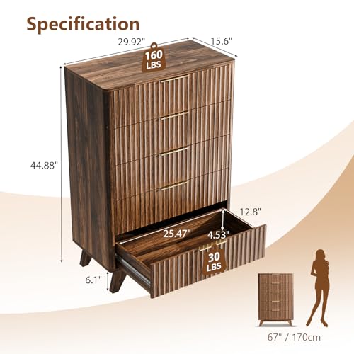 Image of VINGLI Fluted Tall Dresser 5 Drawer Chest of Drawers, Walnut Wood Dresser for Bedroom Mid Century Modern with Rounded Edge, 29.92 inch W*15.6 inch D*44.88 inch H