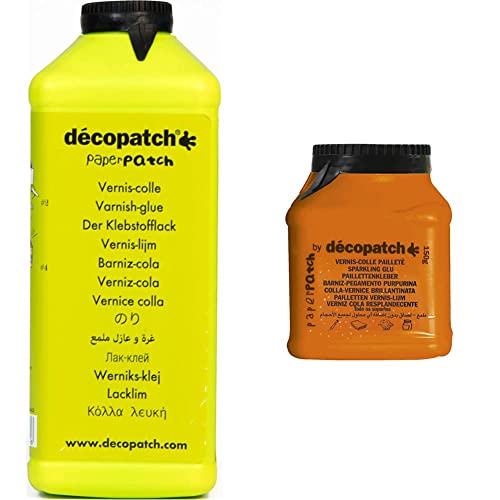 Décopatch PP600AO - Un pot de Vernis colle PaperPatch 600 ml & Décopatch PP150PAILO - Un pot de Vernis colle Pailleté PaperPatch 180g