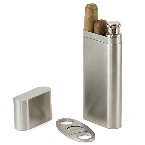 Perfect Pregame Cigar Flask Gift Set - 2 Cigar Holder and 2 Oz Stainless Steel Flask Combo - Includes Cigar Cutter and Funnel - Great Groomsmen Flask