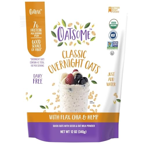 Oatsome Organic Overnight Oats with Chia, Flax, & Hemp, Gluten-Free Oatmeal with 7g of Protein, 12oz Bag