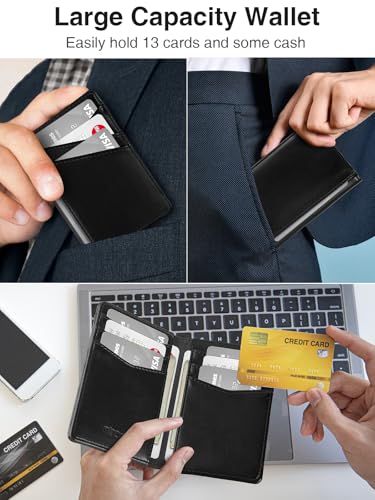 Miroddi Men's Wallet, Bifold Minimalist Wallets for Men, Leather Front Pocket Wallet, Credit Card Holder for Men, RFID Blocking Wallet, 9 Card Slots and 4 Storage Pockets, Classic Black — view 2