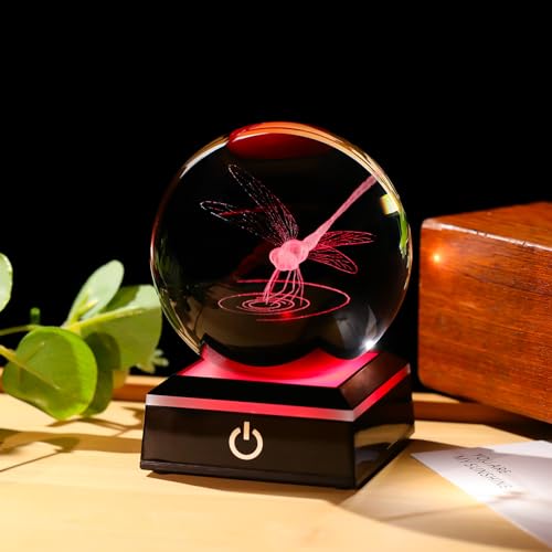 Image of Arikyrist 3D Dragonfly Crystal Ball Figurine with LED Base, Dragonfly Gifts for Men Women on Christmas Birthday, Glass Statue Glass Animals Insect Sphere Decorative Ball for Home Decor (80mm)