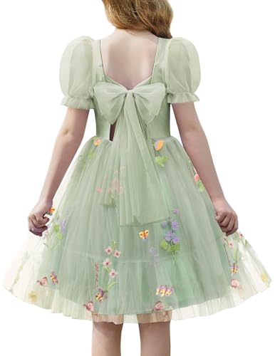 Arshiner Girls Dresses Tulle Bow Tie Back Puff Sleeve Party Holiday Spring Summer Dress for 6-16