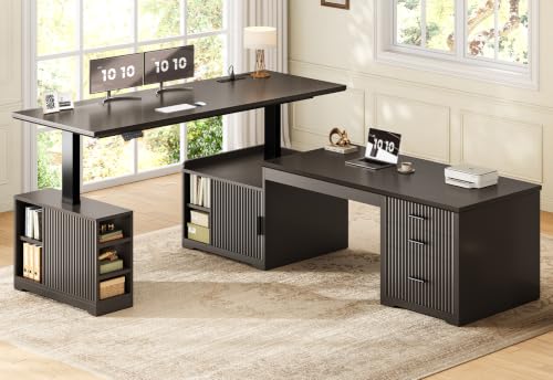 SEDETA Fluted L Shaped Standing Desk with Storage for Home Office, Black