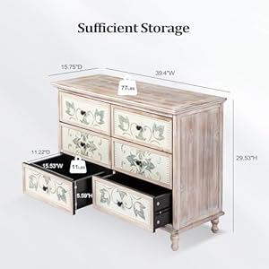 VINGLI Wash White Dresser for Bedroom 6 Drawer Dresser Chest of Drawers Boho Dresser Wooden French Country Dresser with Carved Flower Pattern Drawers Solid Wood Legs