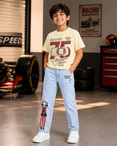 Image of KiddoPanti Boys Printed Co-Ords Set | 100% Cotton & Cottnon Spandex Woven | Drop Shoulder Tshirt with Jeans | Graphic Printed Design| Outerwear For Kids