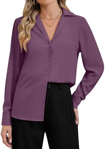 Women's Business Casual Tops Elegant Satin Silk Long Sleeve Butto...