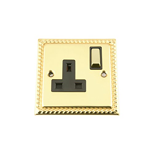Wall Socket 1 Gang - Polished Mirror Brass Georgian - Black Insert - Metal Switch
