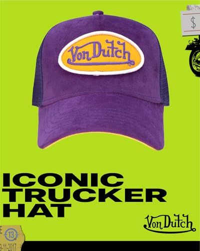 Image of Von Dutch Unisex Trucker Hat - Velvet Curved Bill Mesh Back Retro Classic Adjustable Snapback Baseball Cap for Men and Women
