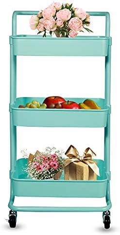 EXQUI Storage Trolley Cart, 3-Tier Multi-Use Rolling Utility Organizer Rack,Serving Storage Trolley on Wheels for Home,Office,Kitchen,Bathroom (Blue)