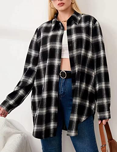 Image of HangNiFang Womens Flannel Plaid Shirts Oversized Button Shirts Blouse Tops