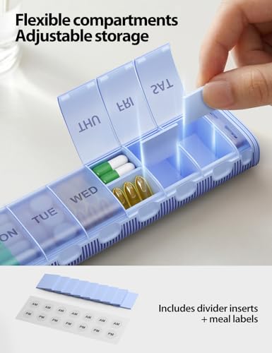 VAYDEER Tablettenbox 7 Tage [Trockensicher] [LFGB-zertifiziert] [Lichtgeschützt] [Aluminium] Reise-Pillendose Tabletten-Organizer für 2× täglich Medikamentenbox, morgens & abends Schwarz