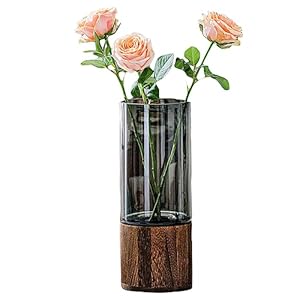 Artistic Wood Glass Vase, 10″ H, Wooden Base Cylindrical Flower Vase, Classic Boho Rustic Style for Fireplace Bedroom Kitchen Living Room Centerpieces Office Desk