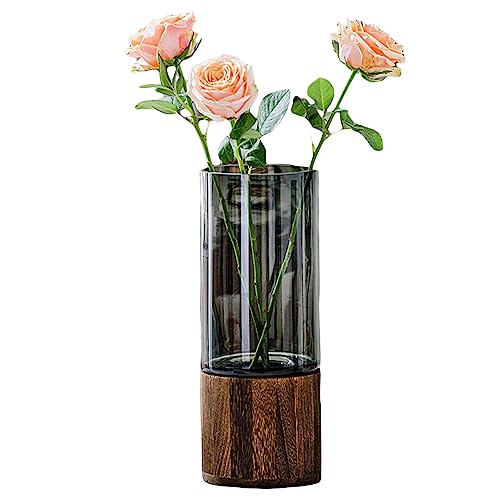 Artistic Wood Glass Vase, 10″ H, Wooden Base Cylindrical Flower Vase, Classic Boho Rustic Style for Fireplace Bedroom Kitchen Living Room Centerpieces Office Desk