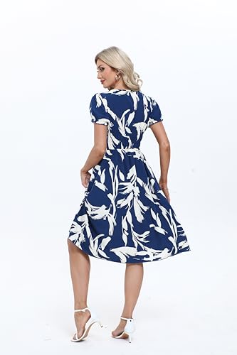Image of Women's 2026 Summer Boho Floral Midi Dress Casual Square Neck Puff Sleeve A Line Dresses with Pockets
