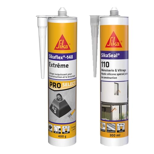 SIKA - Colle de fixation élévée à maintien immédiat - Intérieur et extérieur - Blanc - 290ml + Mastic Silicone pour joint de menuiserie & vitrage - Multi-supports - Transparent - 300ml