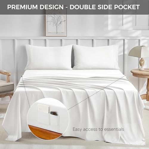 Image of Extra Deep Pocket King Size Sheets Set - 4 Piece Ultra Soft Microfiber Bedding Set, Hotel Luxury Queen Size fitted Sheet with Double Side Pocket - Wrinkle Free, Fade, Breathable (White, King)