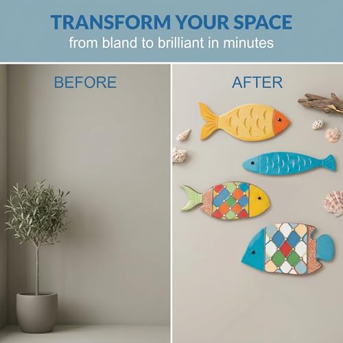Miniatura 5 de Teozblu 4pcs Decoración De Pared De Peces De Madera,Arte De Pared,Decoración Para El Hogar,Adornos De Baño Adhesiva De Peces De Madera Estilo Playa,Decoración De Casa,Cuadros Decoracion Salon Modernos
