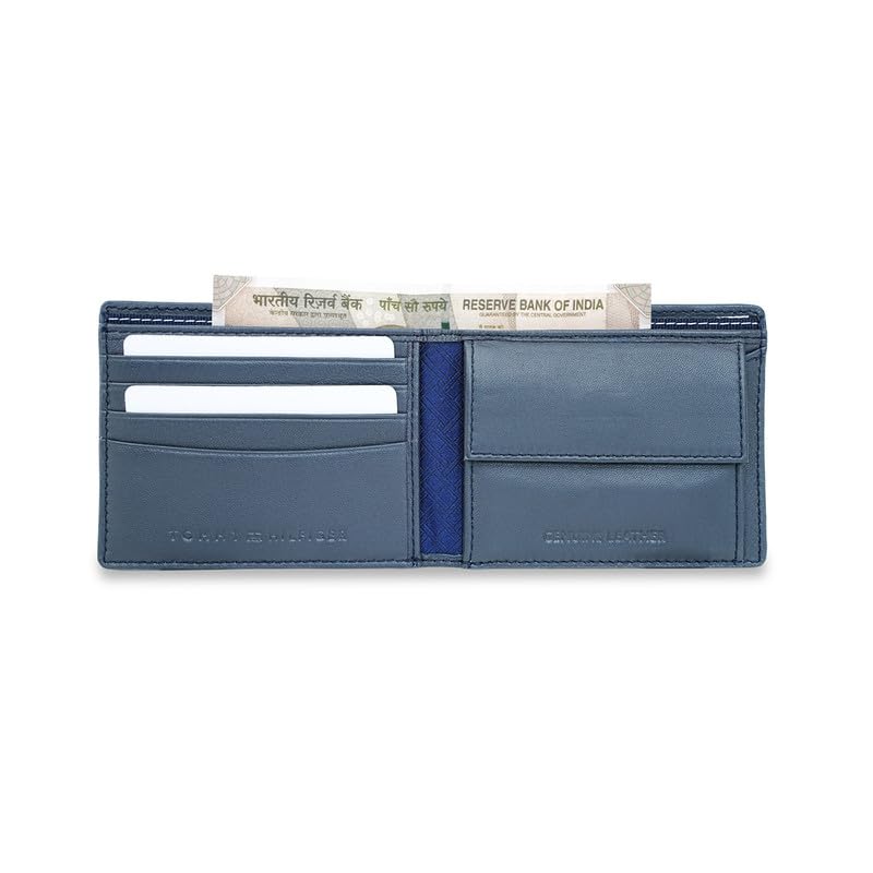 Image of Tommy Hilfiger Men's Escravos Global Coin Wallet | Solid Genuine Leather Bifold with Coin Pocket - Classic Navy | Ideal for Gifting | Stylish Purse for Men