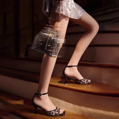 Image of ISNOM Women's Mesh Square Toe Kitten Heel Sandals Ankle Strap Dress Shoes | Kitten Heels with Mesh Upper, Square Toe, Low Heels Comfort Design, Stylish Dress Sandals for Daily Wear