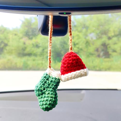 Handmade Hat and Stocking Rear View Mirror Accessories, Cute Crochet Decoration Car Mirror Hanging Accessories, Car Hanging Ornament and Bag Charm