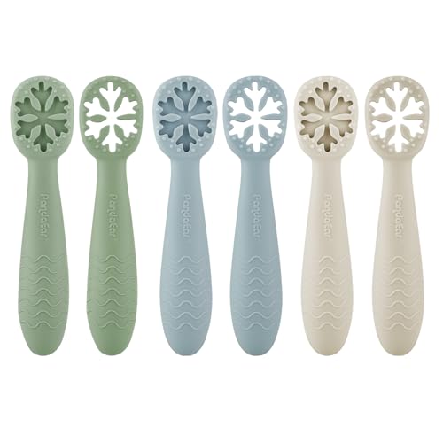 PandaEar Set di 6 cucchiai educativi per bambini, cucchiai da pasta, cucchiai da pasta, in silicone, morbidi e flessibili, senza BPA, per bambini a partire dai 4 mesi (blu verde marrone)