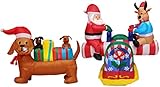 Two Christmas Party Decorations Bundle, Includes 4 Foot Long Lighted Christmas Inflatable Three Dogs Puppies with Multicolor Gift Boxes, and 4 Foot Animated Santa Claus and Reindeer on Teeter Totter