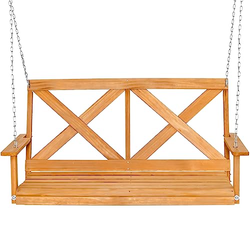 SFAREST 2-Person Outdoor Swing Chair, Solid Wood Swing Bench with Adjustable Chains, Heavy-Duty Hanging Loveseat for Porch Garden Tree