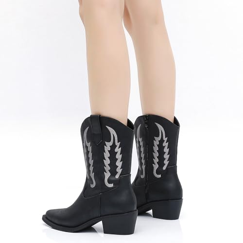 Image of GLOBALWIN Women's Square Toe Cowgirl Boots Classic Mid-Calf Cowboy Boots With Embroidered Stitching Low Heel Comfortable Western Boots For Country Outfits