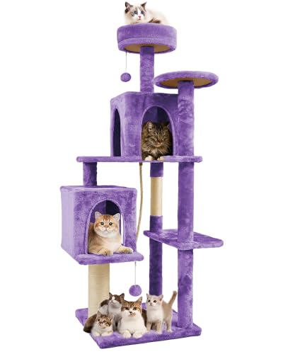 TSCOMON 58.5inch Large Cat Tree Tower Condo for Indoor Cats, Soft Plush Multi-Level Climbing Tree Cat House, Scratching Post, More Entrance/Exit, Sisal Rope, Violet Purple