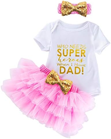Baby Girls Super Dad Outfits - Pink Tutu Dress Romper Skirt Set with Sequined Headband, Infant Toddlers Party Birthday Christmas Thanksgiving Valentines Day