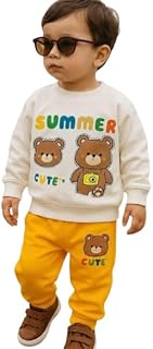 Boys Summer Cute Bear Sweat tshirt and Joggers Pants Set, Cream and Yellow, 2-Piece Outfit 0-5 years SUMMER Price In India