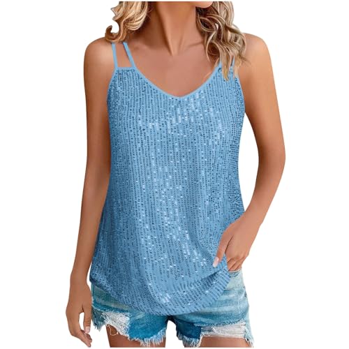 KUIH Sparkly Tops for Women UK Glitter Sequin Vest Top V Neck Sparkle Shimmer Tank Vests Ladies Sequin Tops Sleeveless Tops Loose Fit Camisole Vests Tunic T Shirts for Night Club Party Light Blue