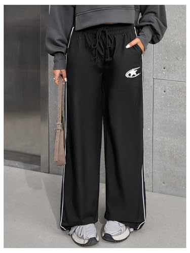 SHENHE Girl's Wide Leg Track Pants Side Stripe Drawstring High Waist Workout Baggy Pants3